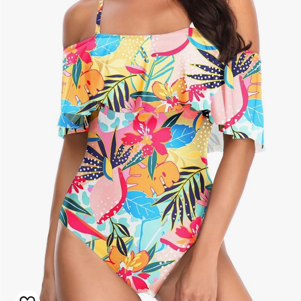 One piece floral off the shoulder, swimming suit.